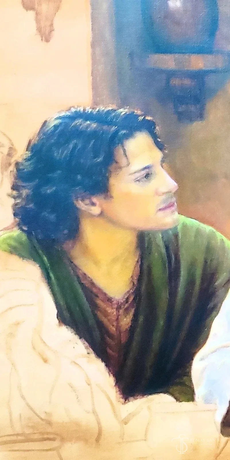 Detalle de Juan en La Última Cena, pintura sobre lienzo en proceso de Tomás Santos.